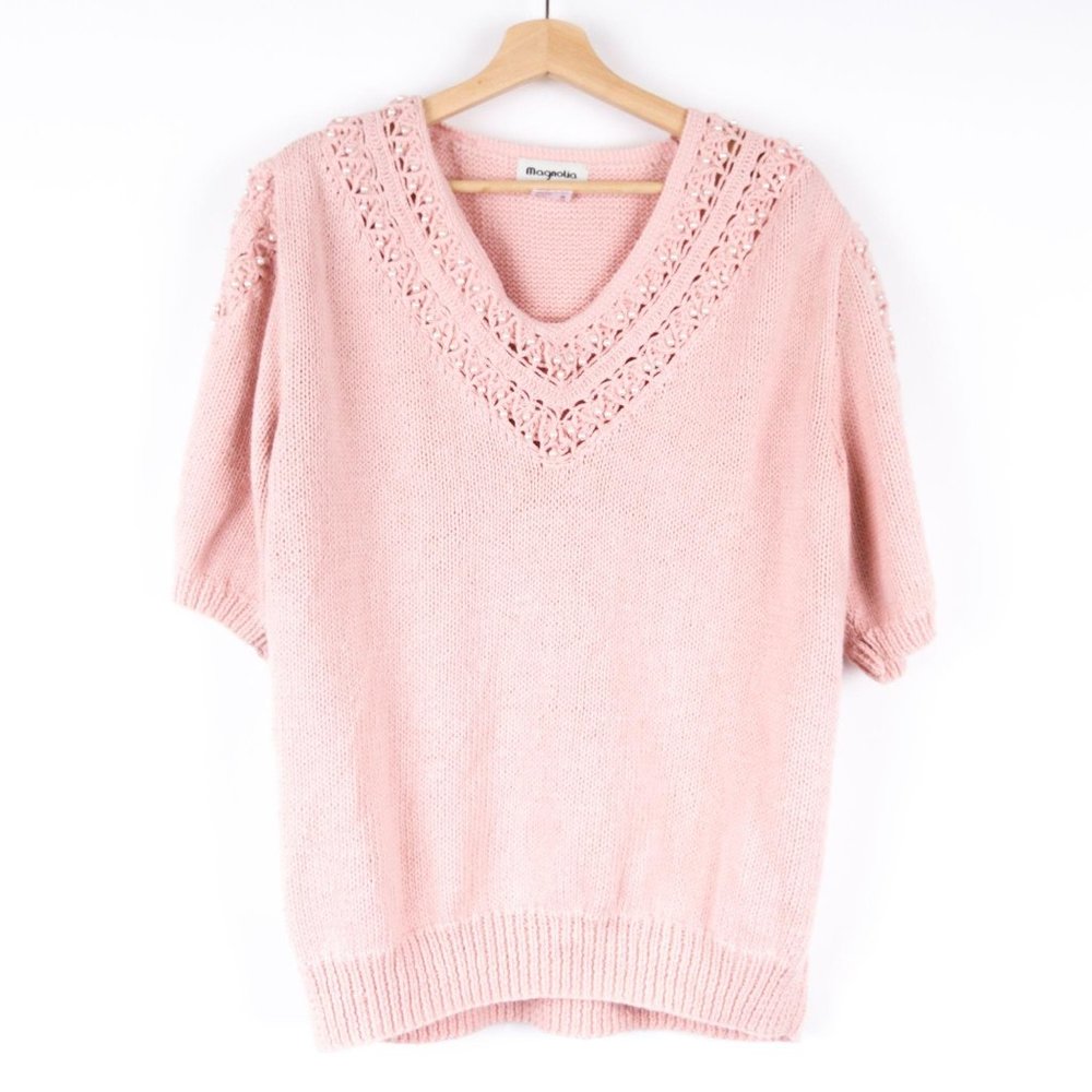 VTG Pear Pink Cableknit V Neck Short Sleeve Pearly